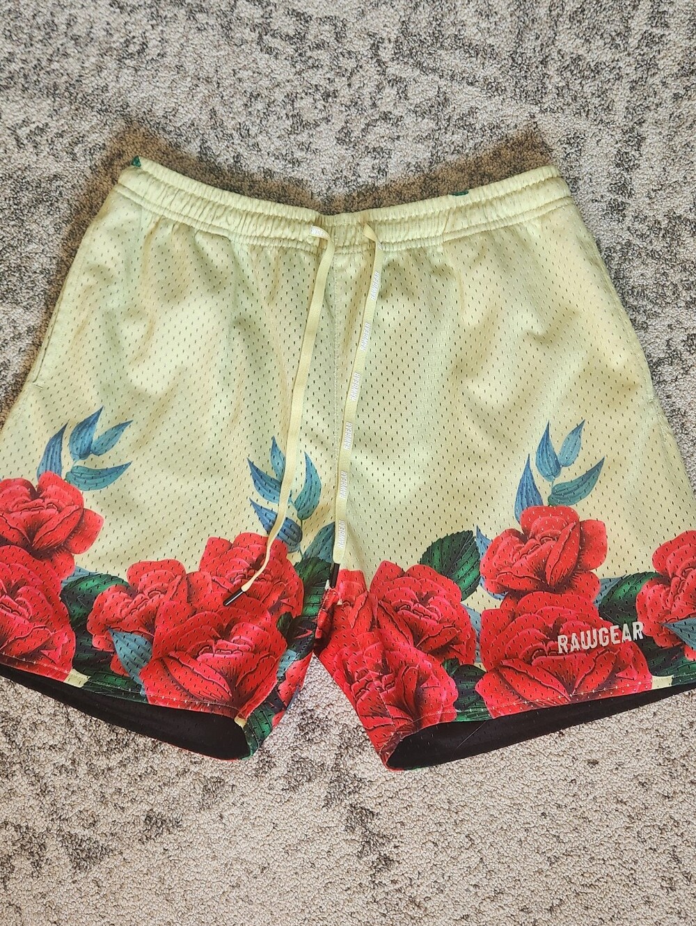 Mens Rawgear Floral Mesh Athletic Shorts - Yellow with Red Roses